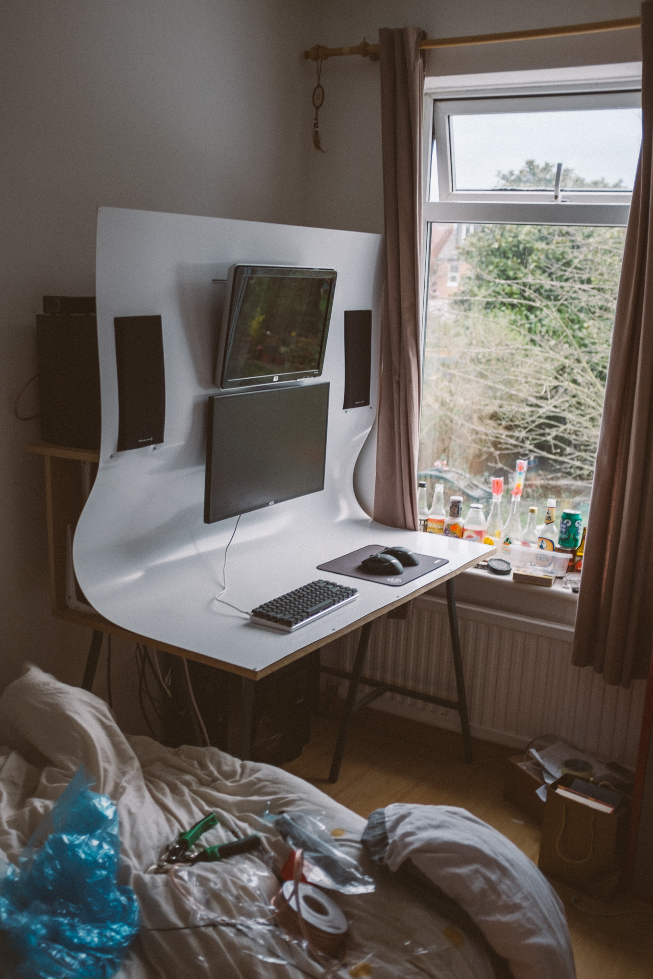 the desk in the room with all the components added