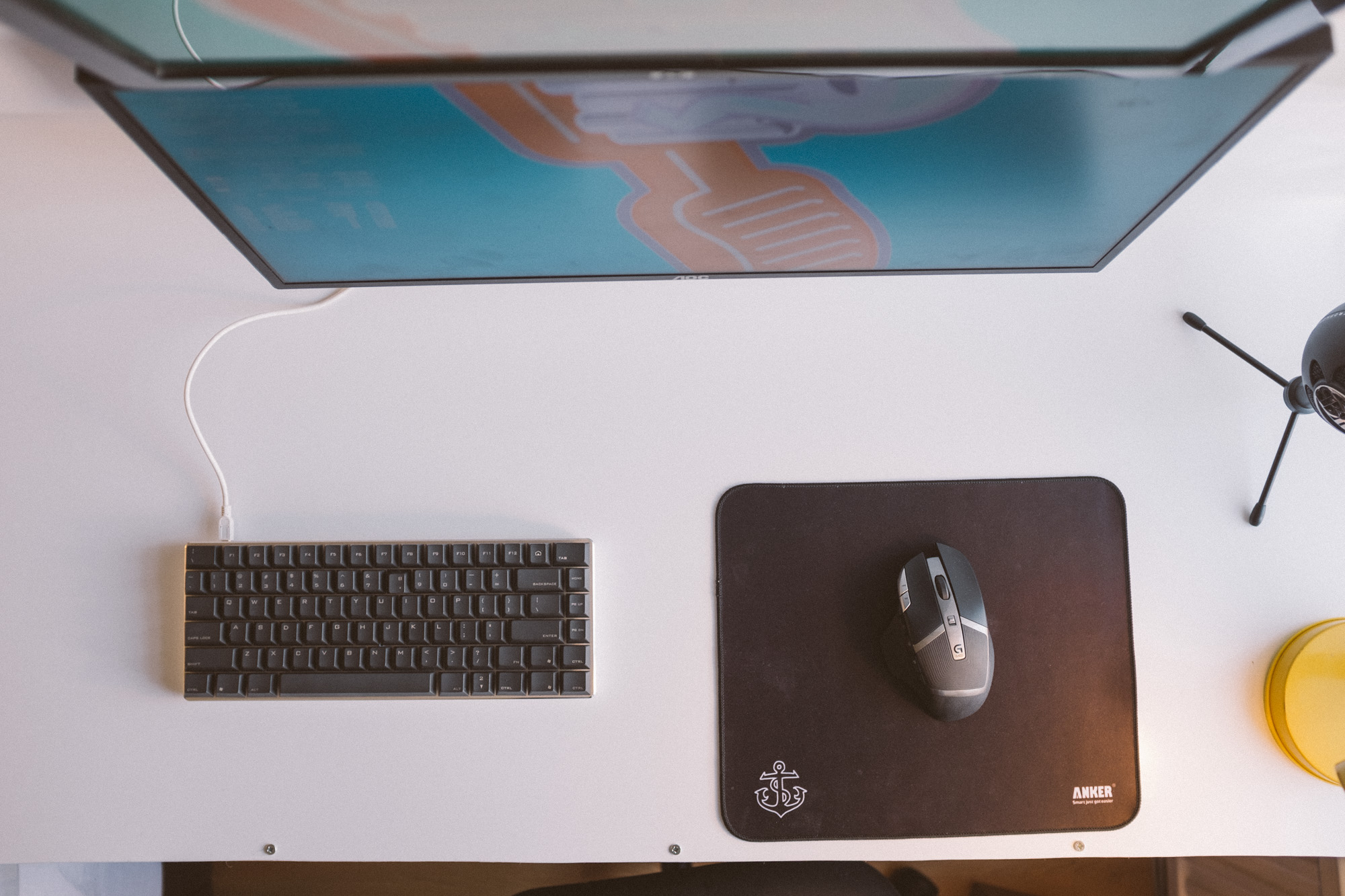 A top down view of the mouse and keyboard both a dark grey in color