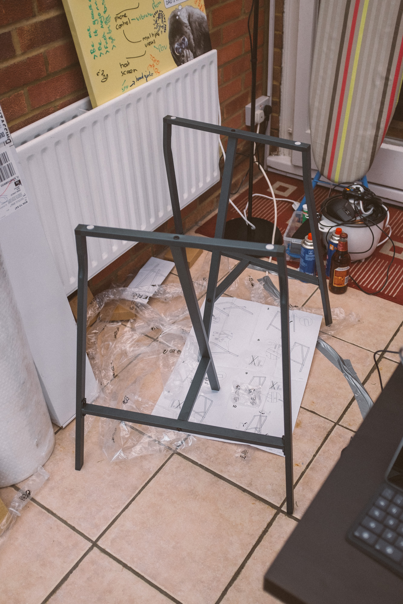 trestles finished, they are dark grey and made out of metal, they are fixed so don’t fold like traditional workshop ones