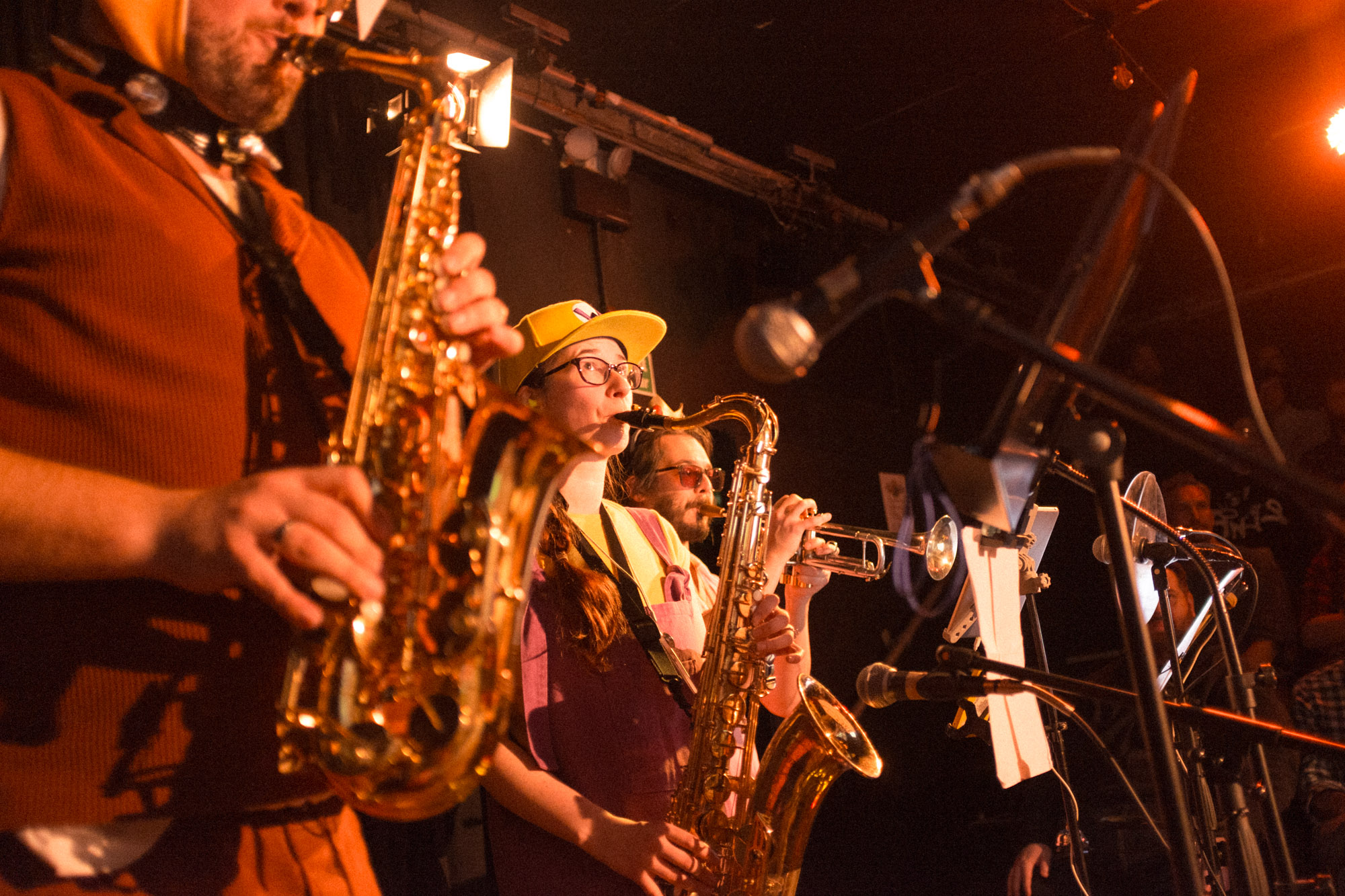 Close up of the brass instruments